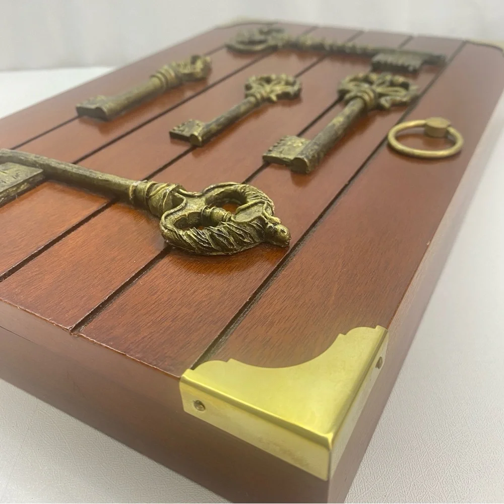 Wooden wall-mounted key holder box decorative brass-finish skeleton keys Vintage